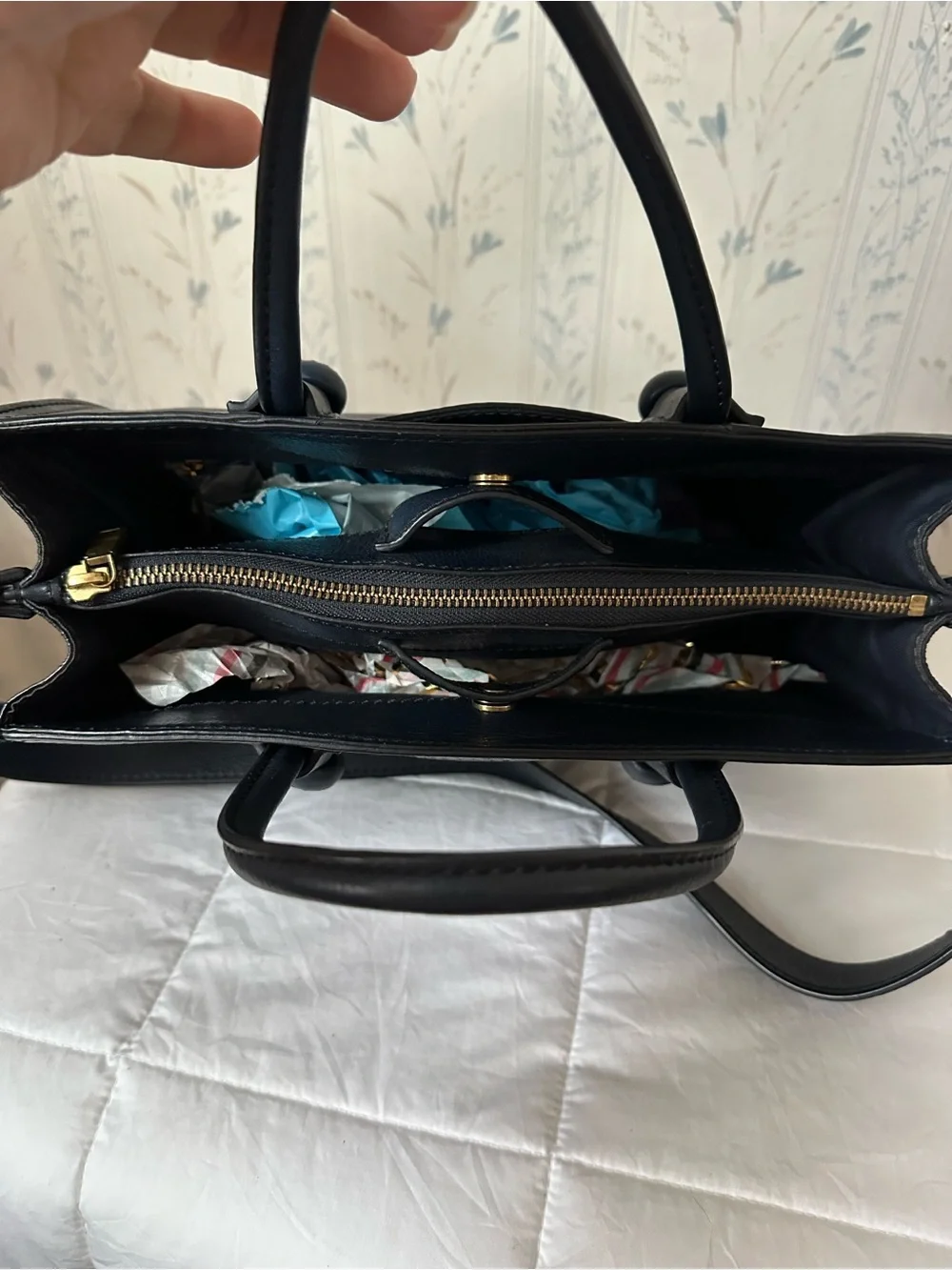 Fossil Navy, Gray & Coral Leather Satchel